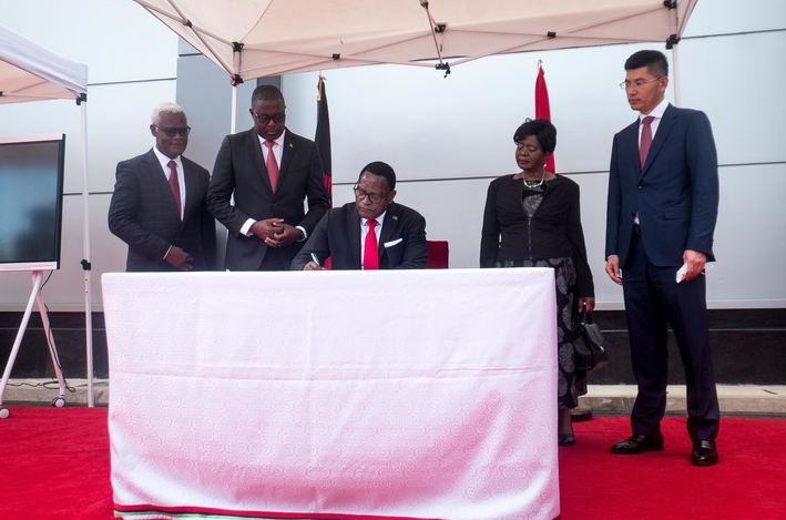 Malawian President Dr.  Lazarus McCarthy Chakwera (C) attends the handover ceremony of the National Data Center in Blantyre, Malawi